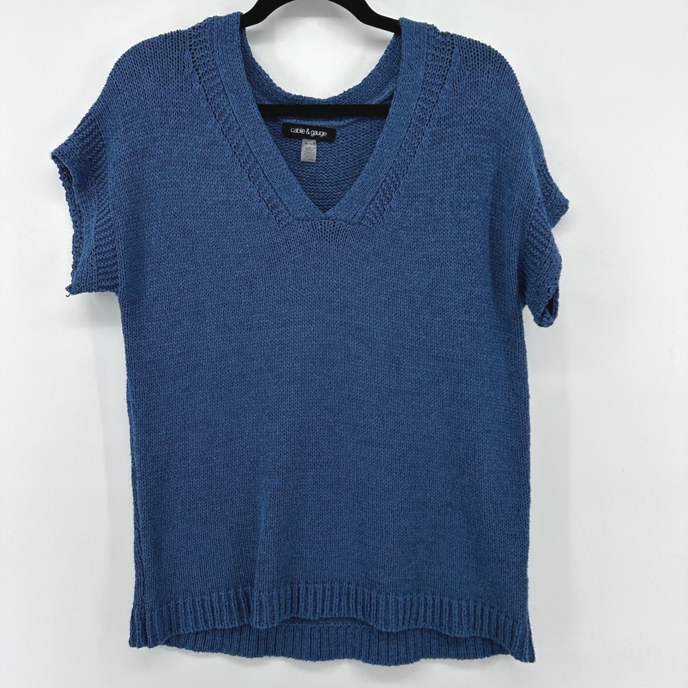 Cable & Gauge Blue V-Neck Short Sleeve Knit Sweater Size Medium